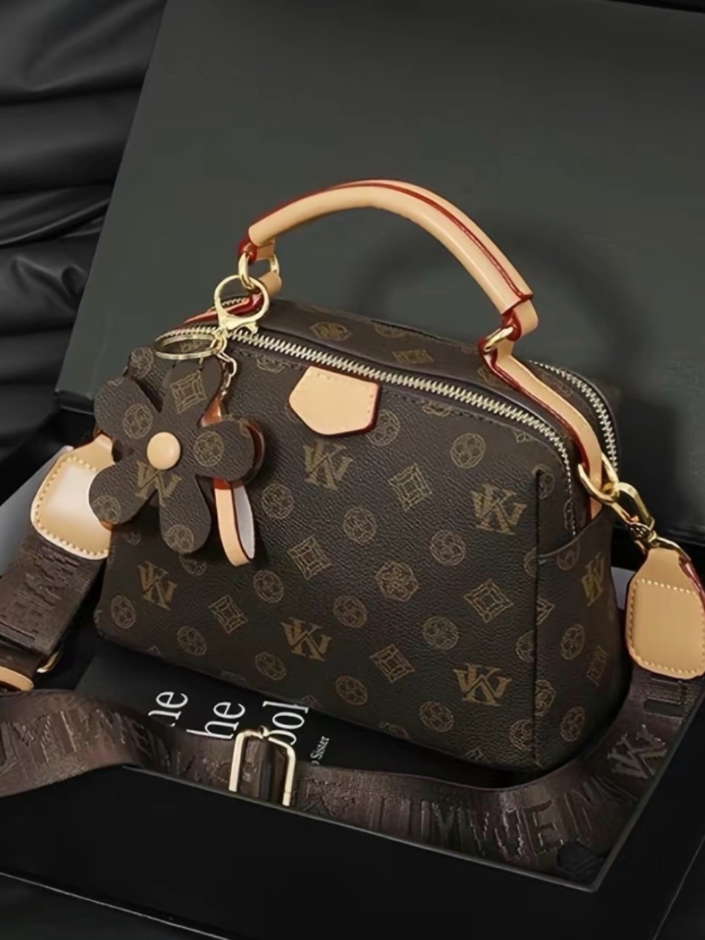 Brown Monogram Crossbody Bag with Flower Charm